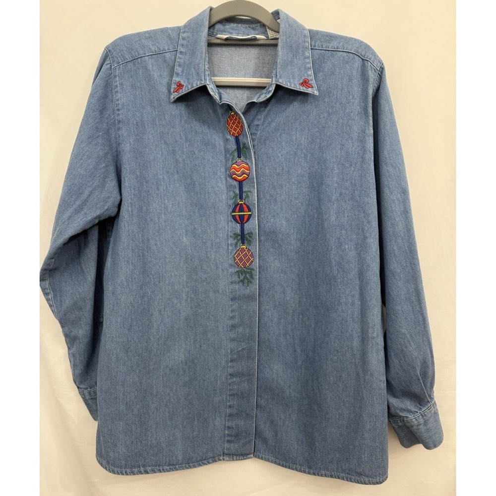 VTG Richard Malcolm Denim Embroidered‎ Christmas Ornaments Shirt Womens Size 10